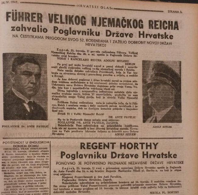 PRVI PRVI Hrvatski glas 1941 Fuhrer velikog njemackog reicha zahvalio Poglavniku Drzave Hrvatske