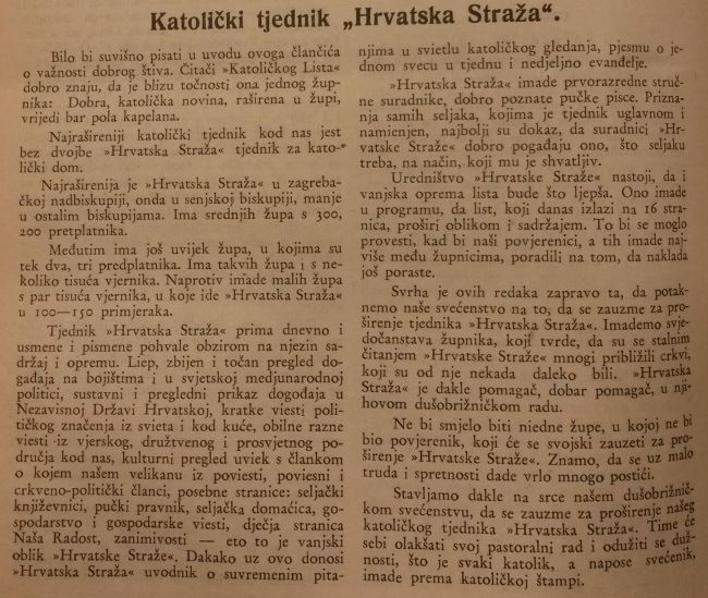 PRVI PRVI Katolicki list 1942 preporucuje citanje Hrvatske straze