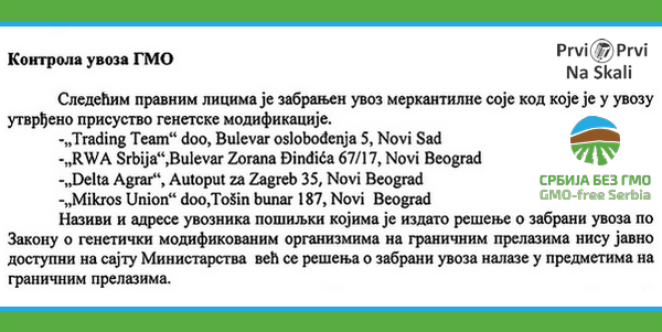 PRVI PRVI NA SKALI GMO soju uvozili Delta agrar, RVA Srbija i Mikros junion i Trejding tim - Kontrola uvoza GMO