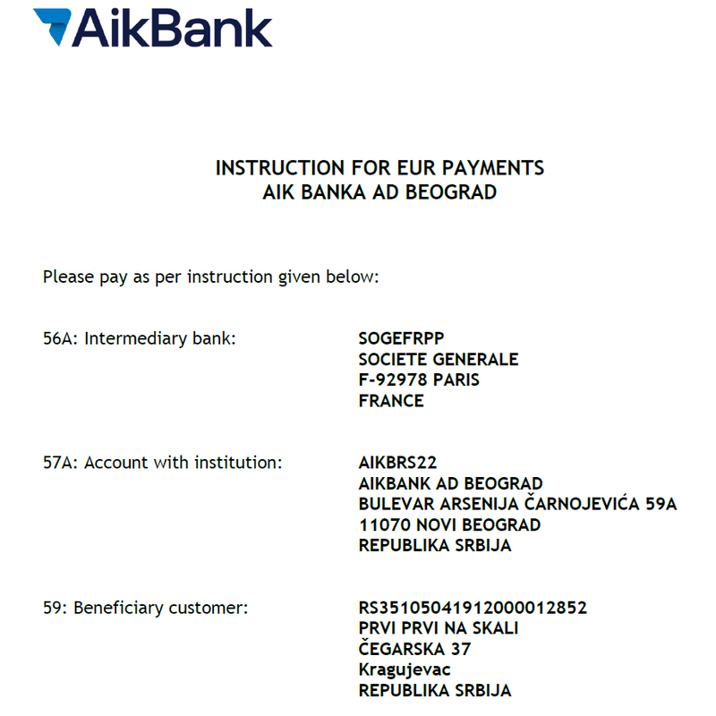 Instrukcije za placanje PRVI PRVI NA SKALI AIK banka Instrukcije za placanje PRVI PRVI NA SKALI AIK banka